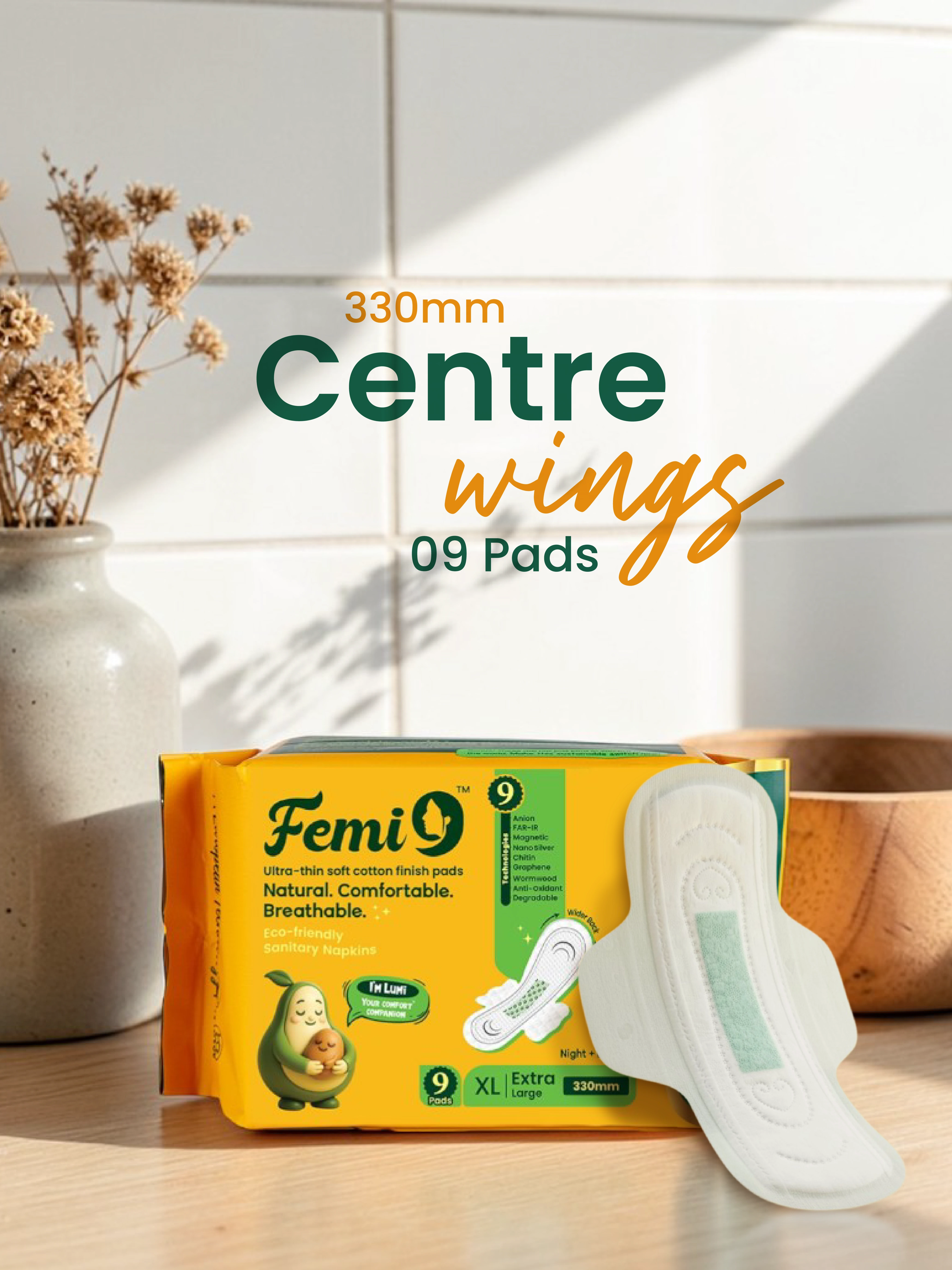 New Upgraded Femi9 Sanitary Pads | 330mm XL-9 Pads | Centre Wing | Day-Night Protection